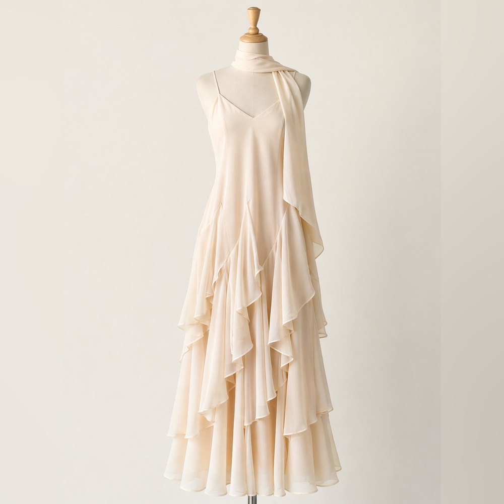 Vintage The Gilberts for Tally’s Ivory Chiffon Ruffle Midi Dress w/ Scarf Shawl